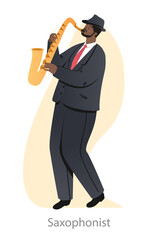 Male Saxophonist concept. Young man skillfully plays wind musical instrument. Character in jazz band performs on stage. Cartoon contemporary flat vector illustration isolated on white background