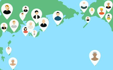 Obraz na płótnie Canvas グローバルビジネスのイメージ、日本周辺の世界地図と人物ピン
