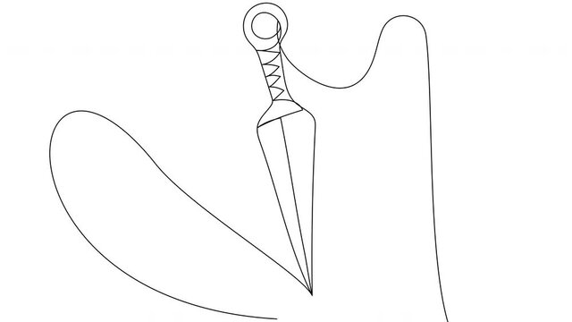 Self-drawing a stiletto one line. Animation of a throwing knife on a white background. Ninja melee weapons for a stealthy attack. Symbol of betrayal and stab in the back. Stock contour 4k footage.