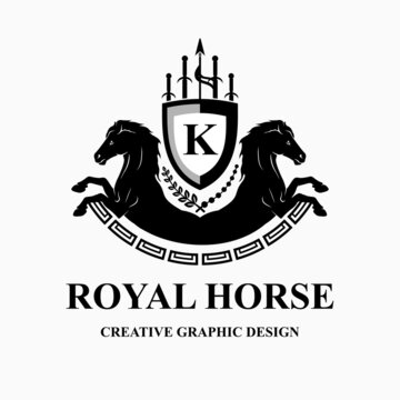 silhouette of two horses standing with shields and weapons. royal horse illustration. black and white vector symbol and logo template