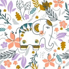 Elephant and floral vector wallpaper on white background seamless pattern