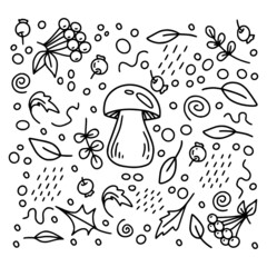 Mushroom set with berries and leaves in black color isolated on a white background for autumn or thanksgiving cards, t-shirt design, coloring page. Vector illustration
