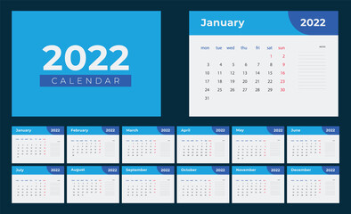 2022 calendar template set for corporate. blue desk calendar planner start from monday