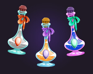 A set of bottles for elixirs and retro bottles for use in fantasy and fantasy games, a logo for fantastic and alcoholic drinks, magic bottles