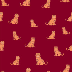 Vector seamless pattern with tigers isolated on red background. Animal background for fabric or wallpaper design. New Years Eve 2022 for background of calendars. Chinese symbol