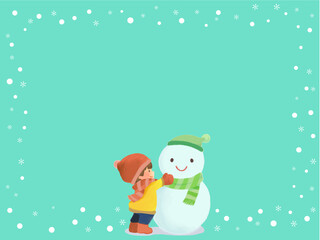 雪だるまを作る男の子と雪の結晶のフレーム