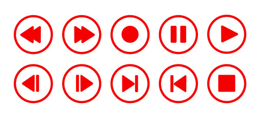 A set of icons for controlling the player, a square-shaped red fill with rounded corners, vector illustration