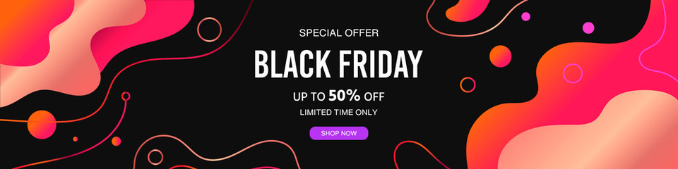 Modern background with abstract flowing dynamic elements and geometric shapes. Black friday sale discount. Final sale up to 50% off. Special offer. Banner, vector illustration.