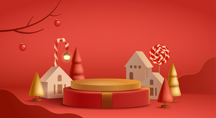 3D illustration of Christmas red and golden theme product display background with Christmas festive decoration and podium.
