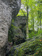 Rocks and trees with moss and leaves in autumn colors in the stone city near Krottensee in Franconian Switzerland