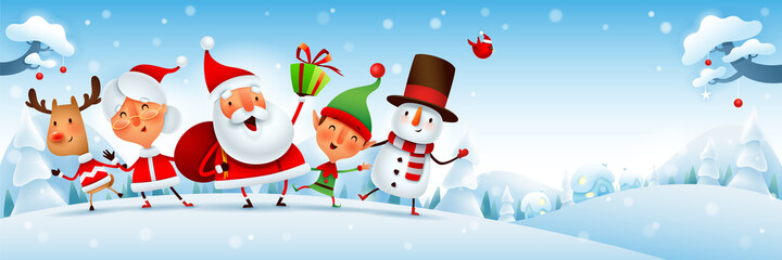 Merry Christmas! Happy Christmas companions. Santa Claus, Mrs Claus, Snowman, Reindeer and elf in Christmas snow scene. - obrazy, fototapety, plakaty