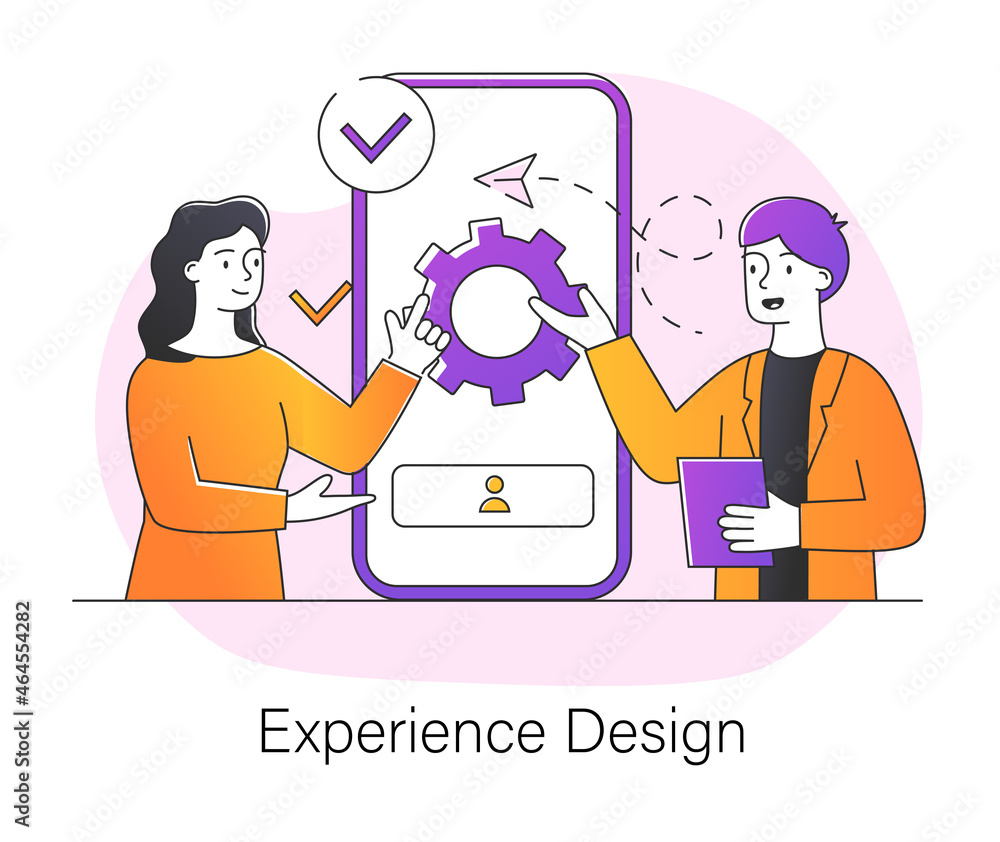 Poster experience design. man and woman stand next to large smartphone and configure interface based on use