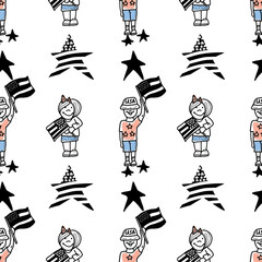 Veteran's Day seamless pattern. Holiday vector background with patriotic symbols, american flag, soldier, eagle, red poppies.