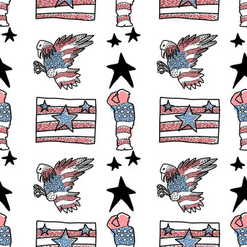 Veteran's Day seamless pattern. Holiday vector background with patriotic symbols, american flag, soldier, eagle, red poppies.