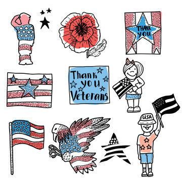 Veterans Day vector hand drawn set. American flag, red poppy, USA government symbols, american bald eagle, saluting soldier, kids with american flag, banner thank you veterans.