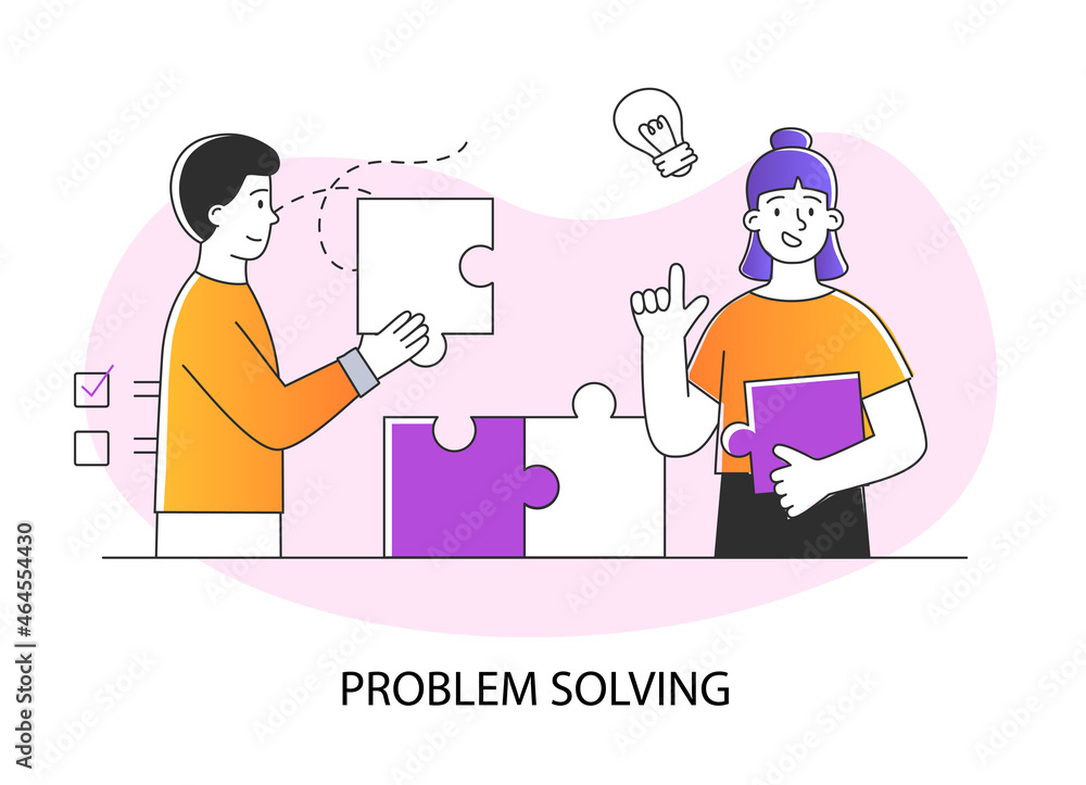 Poster problem solving concept. man and woman hold puzzle pieces and connect them. overcoming obstacles and