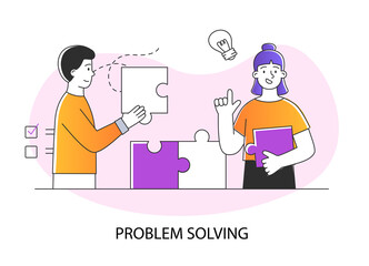Obraz na płótnie Canvas Problem solving concept. Man and woman hold puzzle pieces and connect them. Overcoming obstacles and achieving goals. Success Strategy. Cartoon modern flat vector illustration with inscription