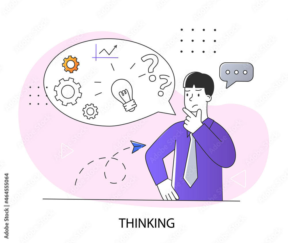 Poster man thinks concept. man comes up with new idea or strategy for development. brainstorming and creati
