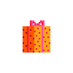 Gift box flat icon. Birthday present. Pixel art style. Web site design. 8-bit. Video game sprite. Isolated abstract vector illustration. Game assets.