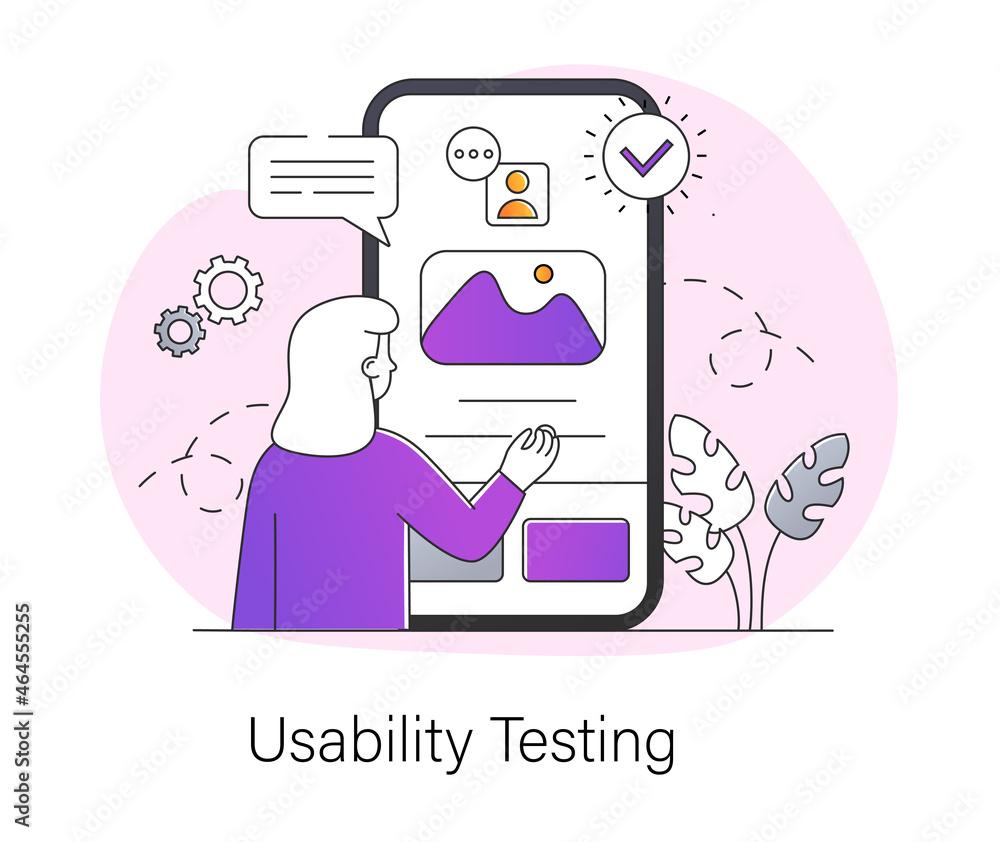 Poster usability testing concept. woman stands in front of smartphone screen and checks functions of applic