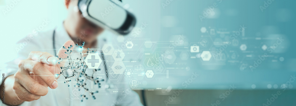 Poster medicine doctor using modern computer diagnose virtual medical record of patient on interface.digita