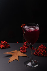 Red drink with ice in a glass with a branch of rowan, around autumn leaves and bunches of rowan on a gloomy dark background. Autumn still life with halloween mood.