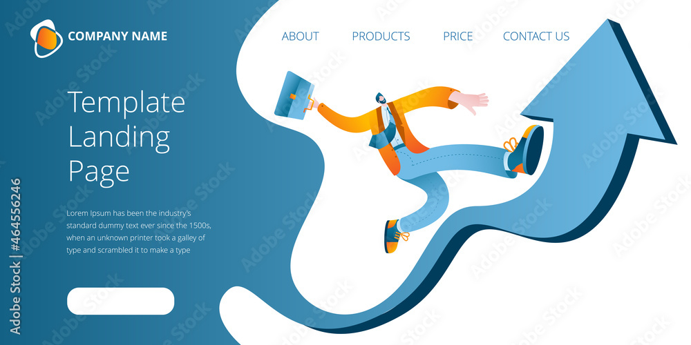 Poster a happy businessman with a briefcase in his hand runs along the arrow of the ascending chart. templa