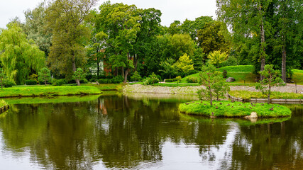 Fototapeta na wymiar Japanese garden with small island full of resting ducks and reflection of trees in the water.
