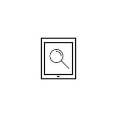 Сomputer technology concept. Modern outline illustration for banners, flyers and web sites. Editable stroke in trendy flat style. Line icon of magnifying glass on screen of tablet