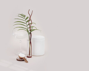 Marine hydrolyzed collagen in powder. The daily morning ritual is taking collagen. Collagen is the best remedy for skin beauty, bone and joint health and weight loss. Essential natural food additives