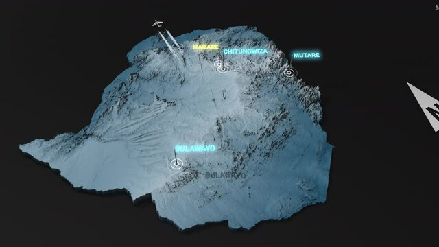 Seamless looping animation of the 3d terrain map at nighttime of Zimbabwe with the capital and the biggest cites in 4K resolution