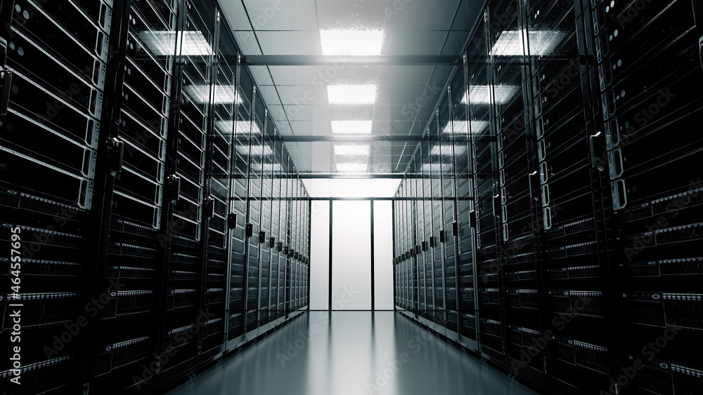 Poster modern interior server room data center. connection and cyber network in dark servers. backup, minin