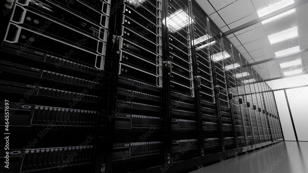 Poster modern interior server room data center. connection and cyber network in dark servers. backup, minin