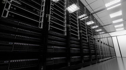 Modern interior server room data center. Connection and cyber network in dark servers. Backup, mining, hosting, mainframe, farm, cloud and computer rack with storage information. 3D rendering