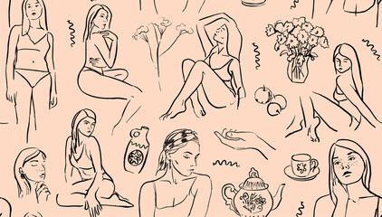 Fototapeta na wymiar Vector illustration. Beautiful women. The body is positive. Seamless pattern of linear sketches. Female silhouettes for wall art. Modern bohemian illustrations. Elements for the fine arts.