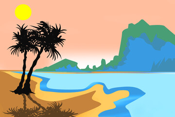 silhouette of a Palm in a forest Mountain and Sea