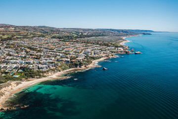 An aerial view of a coastal community, Corona Del Mar, California.
