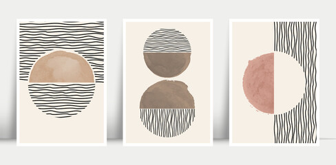 Trendy set of abstract creative minimal artistic hand painted compositions ideal for wall decoration, as postcard or brochure design, vector illustration