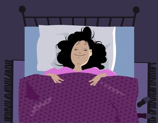 Woman calmly smiles in her sleep, view from top, EPS 8 vector illustration