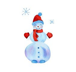 Watercolor illustration with snowman in hat and scarf, snowflakes for christmas cards design. decor, souvenirs