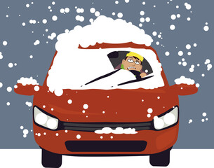 Person driving a car in a winter storm, with a windshield covered in snow, EPS 8 vector illustration