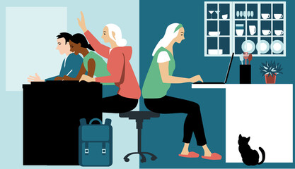 Young adults participating in hybrid learning, sharing their time between in-person classes and studying online from home, EPS 8 vector illustration - obrazy, fototapety, plakaty