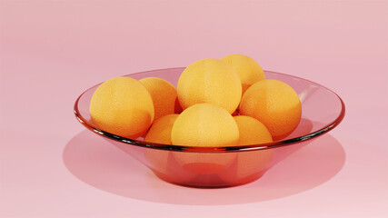 Abstract orange like shapes in a glass bowl. 3d render. Orange textured balls on a pink background