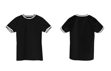 front and back, round neck shirt black, with white stripes on sleeves and neck