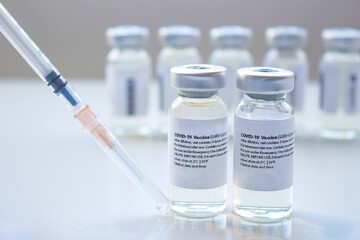 Selective focus of a couple of Covid-19 vaccines vials bottles with an injection Syringe on a clear background.