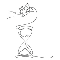 continuous drawing with one line of an hourglass and a hand with a butterfly on the finger. The concept of time, beauty