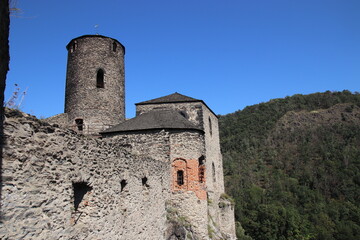 A view to the tower and the ruins of castle Strekov on the great rock near Usti nad Labem, Czech republic
