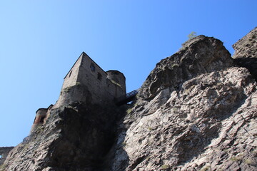 Fototapeta premium A view to the tower and the ruins of castle Strekov on the great rock near Usti nad Labem, Czech republic