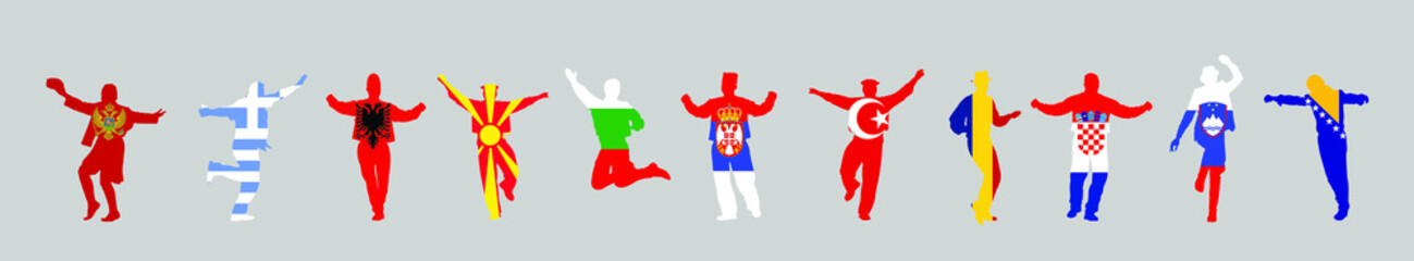 Balkan states flag folklore dancers vector illustration isolated on background: Albania, Bosnia, Bulgaria, Croatia, Greece, Kosovo, North Macedonia, Montenegro, Romania, Slovenia, Serbia, Turkey flag.