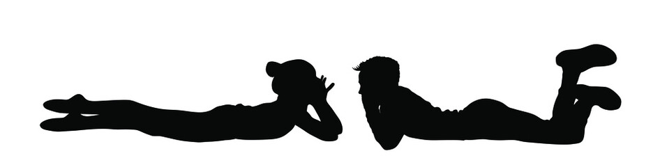 Young shy couple in love vector silhouette illustration isolated. First love in school. Teen boy and girl flirt kiss. Kids togetherness. Teenagers tenderness, closeness. Adolescent romance in puberty.
